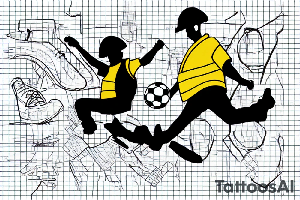 A construction worker in their hard hat and work clothes, kicking a soccer ball. The background could be a cityscape or a stadium tattoo idea