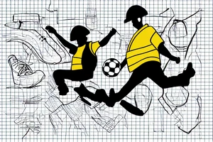 A construction worker in their hard hat and work clothes, kicking a soccer ball. The background could be a cityscape or a stadium tattoo idea