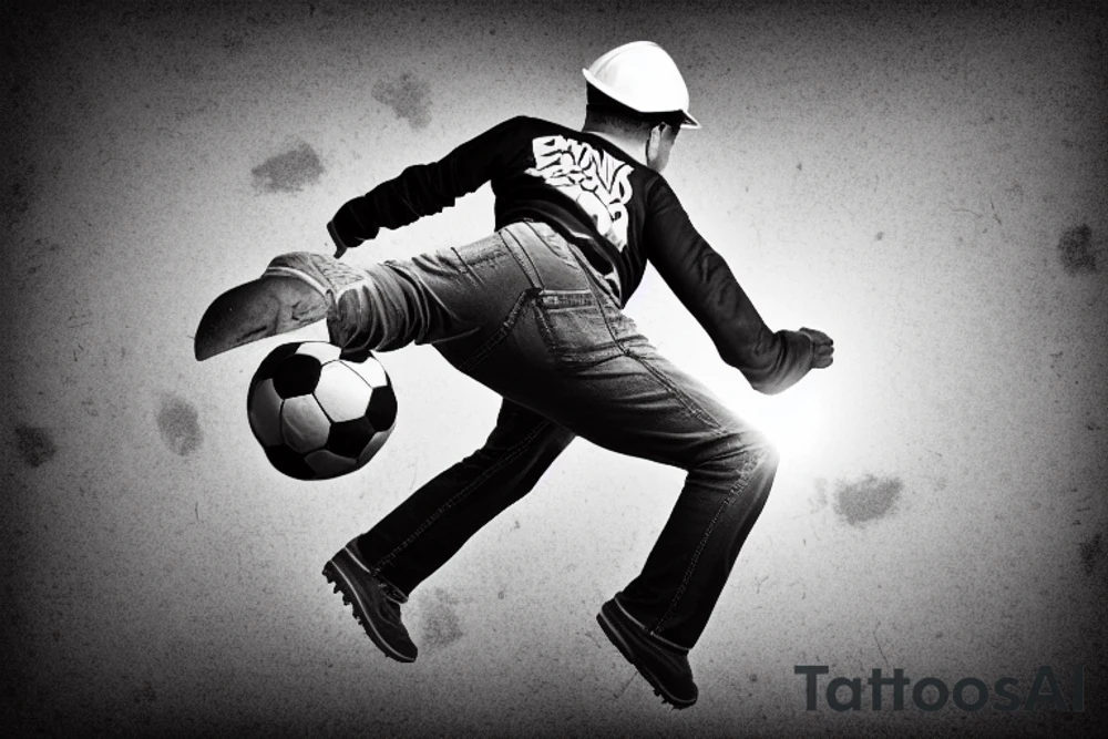 A construction worker in their hard hat and work clothes, kicking a soccer ball. The background could be a cityscape or a stadium tattoo idea