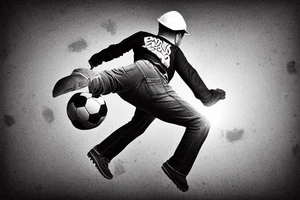 A construction worker in their hard hat and work clothes, kicking a soccer ball. The background could be a cityscape or a stadium tattoo idea