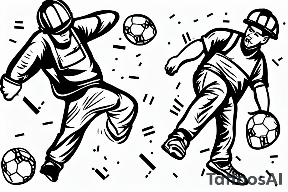 A construction worker in their hard hat and work clothes, kicking a soccer ball. The background could be a cityscape or a stadium tattoo idea