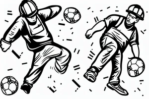 A construction worker in their hard hat and work clothes, kicking a soccer ball. The background could be a cityscape or a stadium tattoo idea
