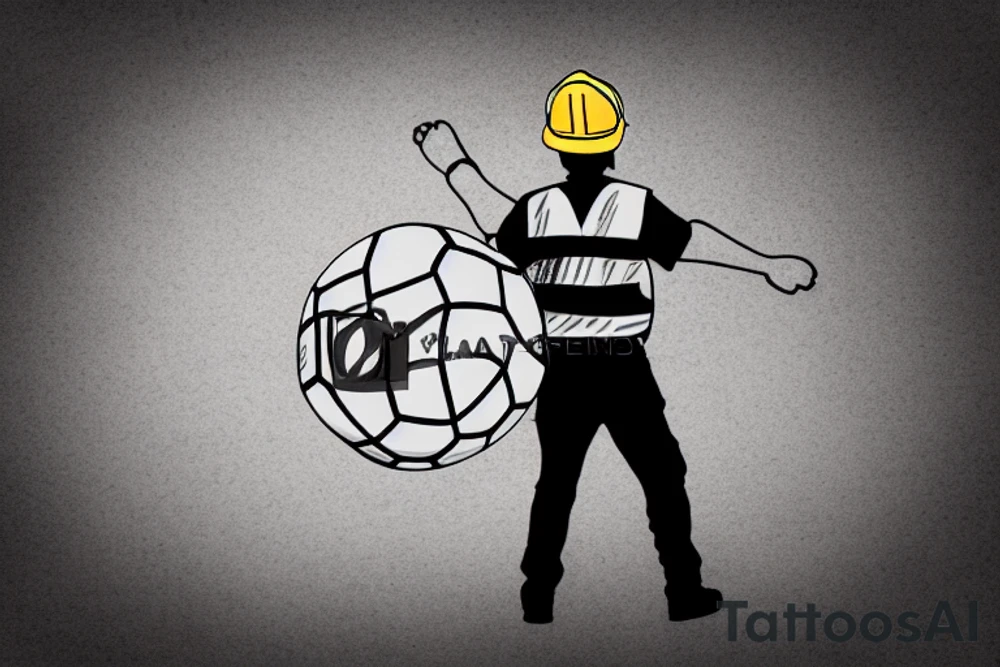 A construction worker in their hard hat and work clothes, kicking a soccer ball. The background could be a cityscape or a stadium tattoo idea