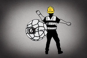 A construction worker in their hard hat and work clothes, kicking a soccer ball. The background could be a cityscape or a stadium tattoo idea