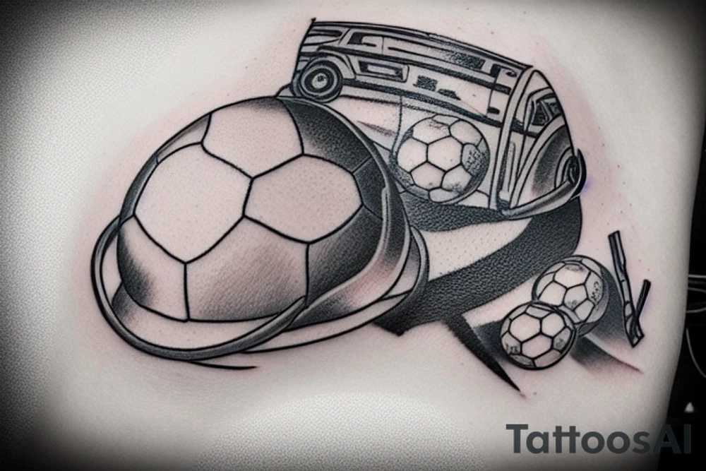 The tattoo would show a construction worker in their hard hat and work clothes, kicking a soccer ball. The background could be a cityscape or a stadium. The tattoo could be done in a realistic or cartoon style. tattoo idea
