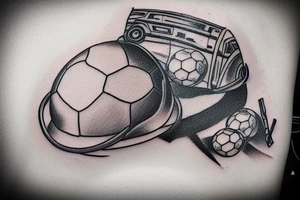 The tattoo would show a construction worker in their hard hat and work clothes, kicking a soccer ball. The background could be a cityscape or a stadium. The tattoo could be done in a realistic or cartoon style. tattoo idea