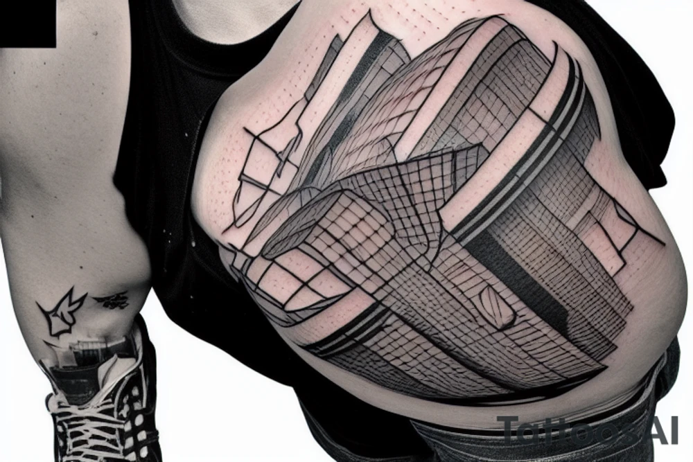 The tattoo would show a construction worker in their hard hat and work clothes, kicking a soccer ball. The background could be a cityscape or a stadium. The tattoo could be done in a realistic or cartoon style. tattoo idea