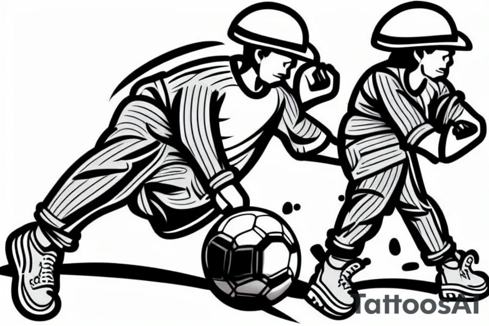 The tattoo would show a construction worker in their hard hat and work clothes, kicking a soccer ball. The background could be a cityscape or a stadium. The tattoo could be done in a realistic or cartoon style. tattoo idea