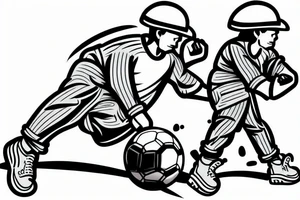The tattoo would show a construction worker in their hard hat and work clothes, kicking a soccer ball. The background could be a cityscape or a stadium. The tattoo could be done in a realistic or cartoon style. tattoo idea