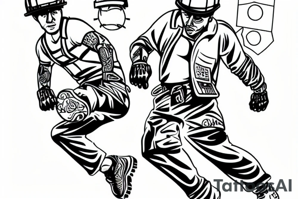 The tattoo would show a construction worker in their hard hat and work clothes, kicking a soccer ball. The background could be the San Francisco cityscape. The tattoo could be done in a realistic style. tattoo idea