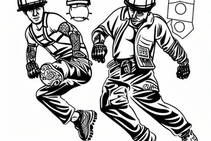 The tattoo would show a construction worker in their hard hat and work clothes, kicking a soccer ball. The background could be the San Francisco cityscape. The tattoo could be done in a realistic style. tattoo idea