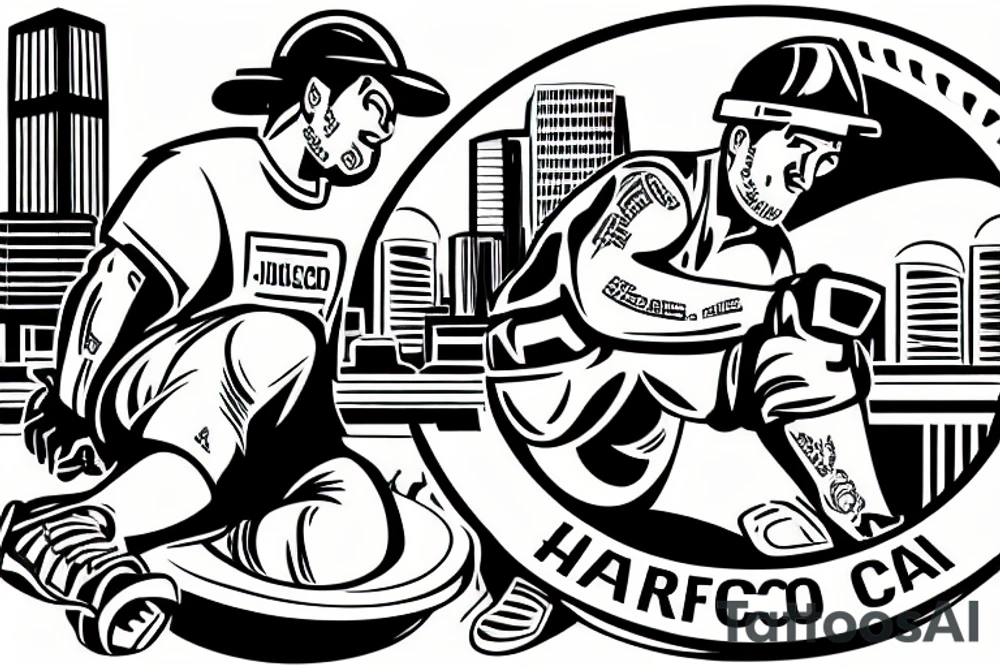 The tattoo shows a construction worker in their hard hat and work clothes, kicking a soccer ball. The background is a view of the San Francisco cityscape. tattoo idea