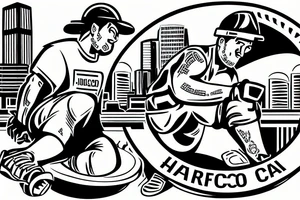 The tattoo shows a construction worker in their hard hat and work clothes, kicking a soccer ball. The background is a view of the San Francisco cityscape. tattoo idea