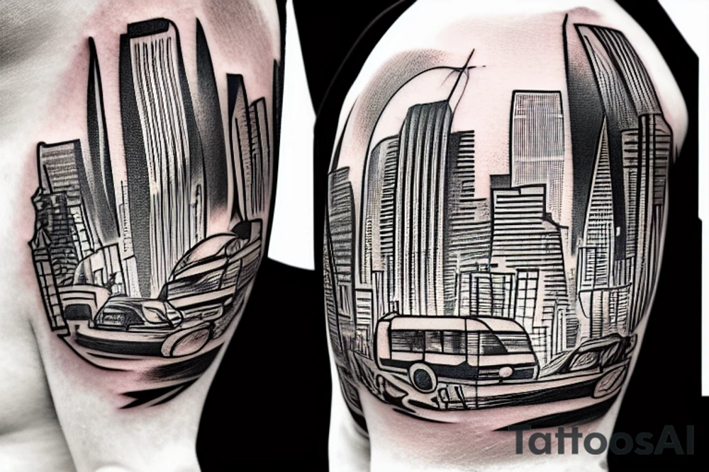 The tattoo shows a construction worker in their hard hat and work clothes, kicking a soccer ball. The background is a view of the San Francisco cityscape. tattoo idea