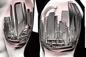 The tattoo shows a construction worker in their hard hat and work clothes, kicking a soccer ball. The background is a view of the San Francisco cityscape. tattoo idea