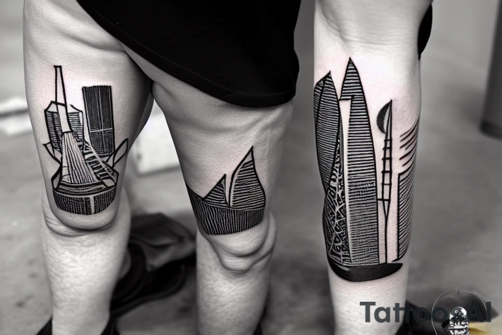 The tattoo shows a construction worker in their hard hat and work clothes, kicking a soccer ball. The background is a view of the San Francisco cityscape. tattoo idea