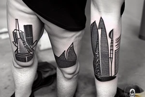 The tattoo shows a construction worker in their hard hat and work clothes, kicking a soccer ball. The background is a view of the San Francisco cityscape. tattoo idea