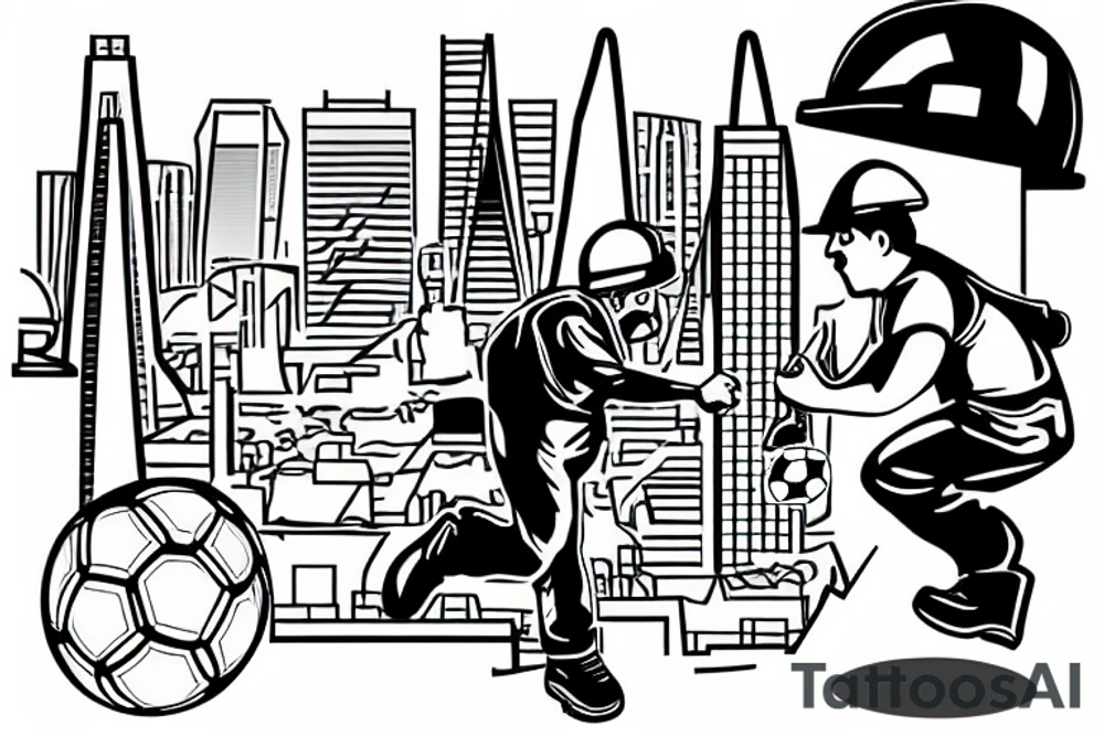 The tattoo shows a construction worker in their hard hat and work clothes, kicking a soccer ball. The background is a view of the San Francisco cityscape. tattoo idea
