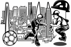 The tattoo shows a construction worker in their hard hat and work clothes, kicking a soccer ball. The background is a view of the San Francisco cityscape. tattoo idea