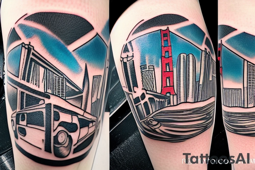 The tattoo shows a construction worker in their hard hat and work clothes, kicking a soccer ball. The background is a view of the San Francisco cityscape. tattoo idea