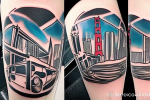The tattoo shows a construction worker in their hard hat and work clothes, kicking a soccer ball. The background is a view of the San Francisco cityscape. tattoo idea