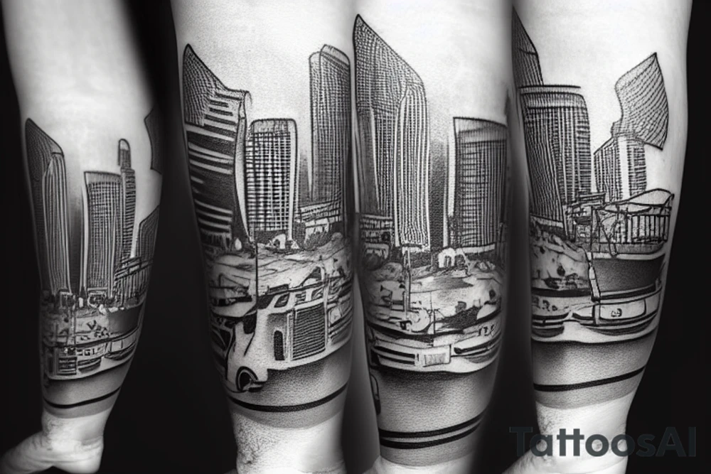 The tattoo shows a construction worker in their hard hat and work clothes, kicking a soccer ball. The background is a view of the San Francisco cityscape. tattoo idea