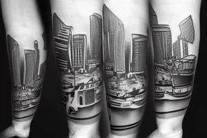 The tattoo shows a construction worker in their hard hat and work clothes, kicking a soccer ball. The background is a view of the San Francisco cityscape. tattoo idea