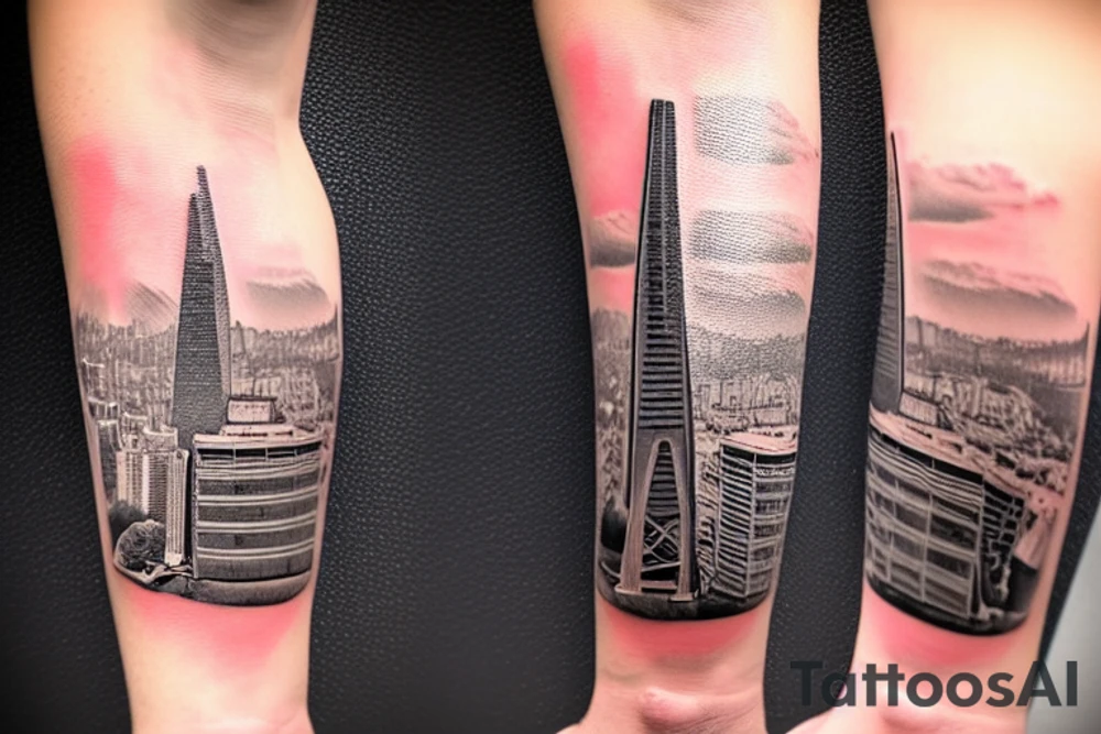 The tattoo shows a construction worker in their hard hat and work clothes, kicking a soccer ball, The background is a view of the San Francisco cityscape. tattoo idea