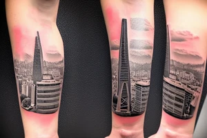 The tattoo shows a construction worker in their hard hat and work clothes, kicking a soccer ball, The background is a view of the San Francisco cityscape. tattoo idea