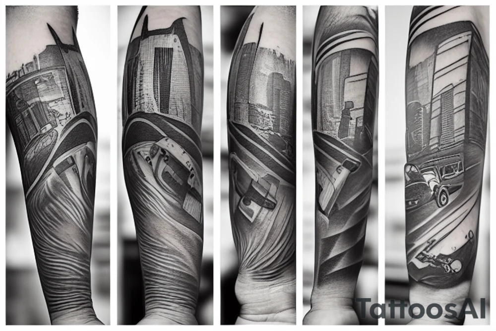 The tattoo shows a construction worker in their hard hat and work clothes, kicking a soccer ball, The background is a view of the San Francisco cityscape. tattoo idea