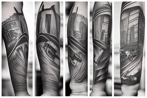 The tattoo shows a construction worker in their hard hat and work clothes, kicking a soccer ball, The background is a view of the San Francisco cityscape. tattoo idea