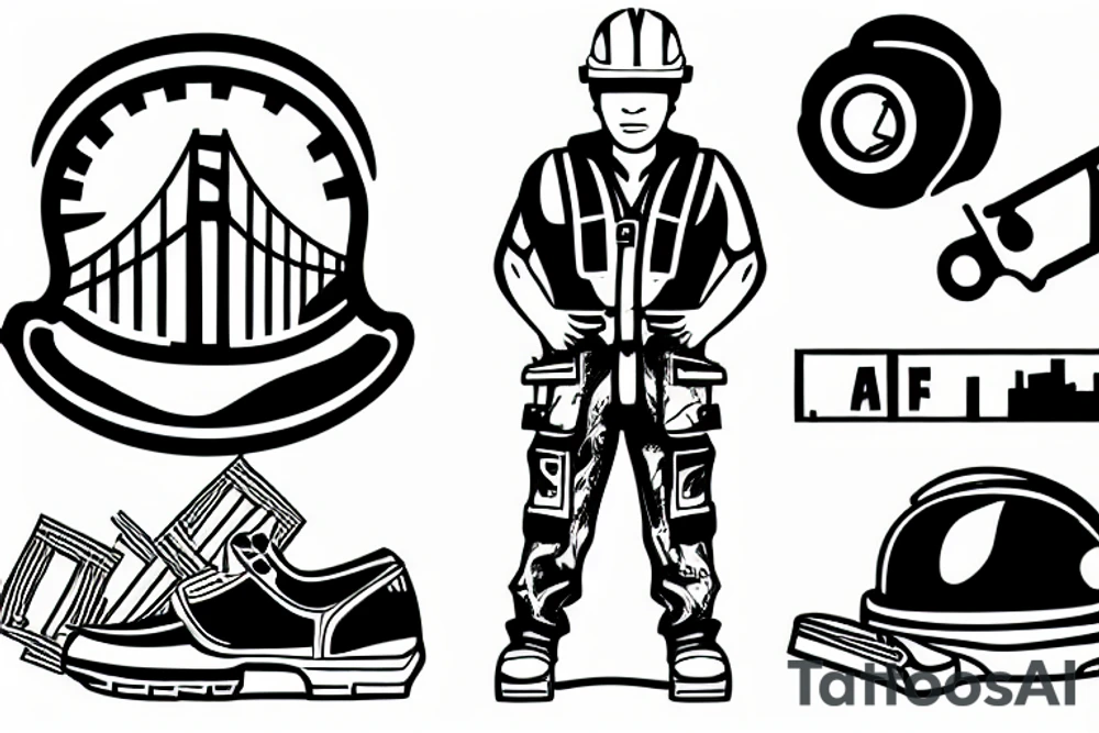 The tattoo shows a construction worker in their hard hat and work clothes, The background is a view of the San Francisco cityscape. tattoo idea