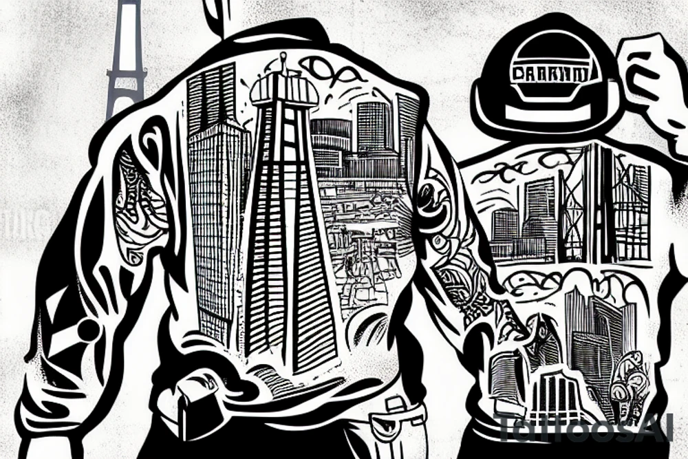 The tattoo shows a construction worker in their hard hat and work clothes, The background is a view of the San Francisco cityscape. tattoo idea