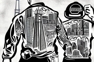 The tattoo shows a construction worker in their hard hat and work clothes, The background is a view of the San Francisco cityscape. tattoo idea