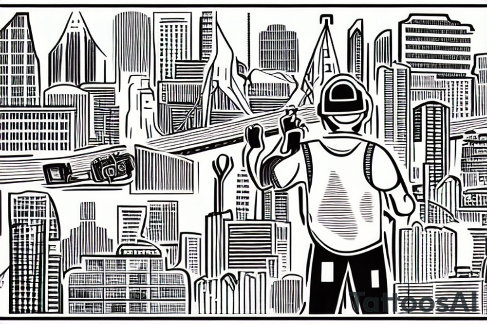 The tattoo shows a construction worker in their hard hat and work clothes, The background is a view of the San Francisco cityscape. tattoo idea