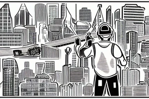 The tattoo shows a construction worker in their hard hat and work clothes, The background is a view of the San Francisco cityscape. tattoo idea
