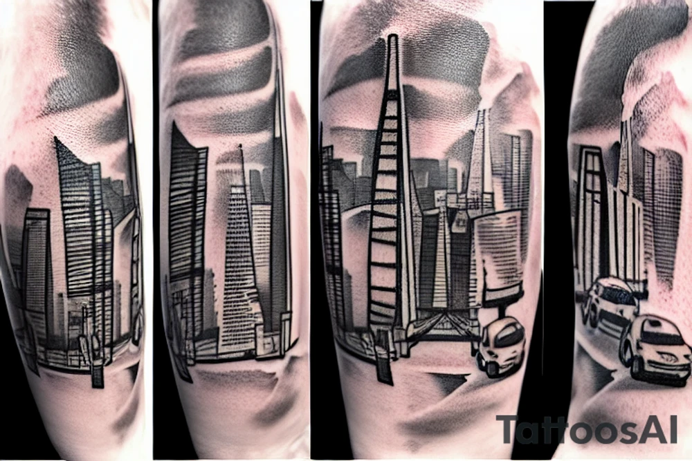 The tattoo shows a construction worker in their hard hat and work clothes, The background is a view of the San Francisco cityscape. tattoo idea