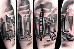 The tattoo shows a construction worker in their hard hat and work clothes, The background is a view of the San Francisco cityscape. tattoo idea