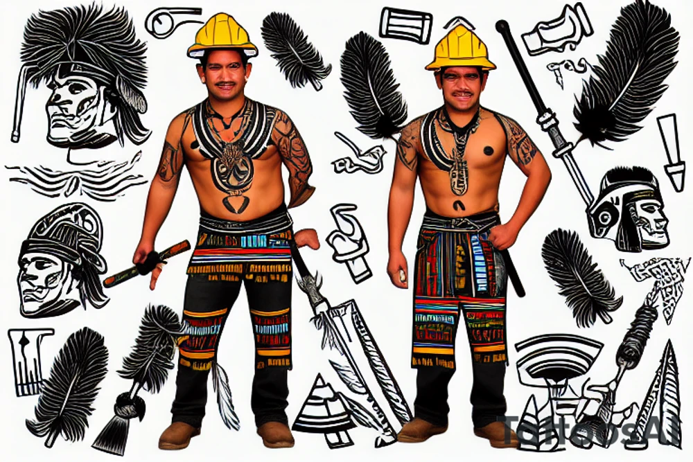 This  tattoo is of a construction worker in traditional Aztec clothing. He is shirtless, and his pants are decorated with feathers and fringe. He is wearing a construction helmet and is holding a construction tool. The tattoo is done in a traditional Aztec style, with bold lines and bright colors. tattoo idea