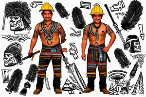 This  tattoo is of a construction worker in traditional Aztec clothing. He is shirtless, and his pants are decorated with feathers and fringe. He is wearing a construction helmet and is holding a construction tool. The tattoo is done in a traditional Aztec style, with bold lines and bright colors. tattoo idea
