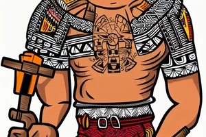 This  tattoo is of a construction worker in traditional Aztec clothing. He is shirtless, and his pants are decorated with feathers and fringe. He is wearing a construction helmet and is holding a construction tool. The tattoo is done in a traditional Aztec style, with bold lines and bright colors. tattoo idea
