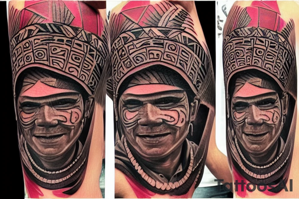 This  tattoo is of a construction worker in traditional Aztec clothing. He is shirtless, and his pants are decorated with feathers and fringe. He is wearing a construction helmet and is holding a construction tool. The tattoo is done in a traditional Aztec style, with bold lines and bright colors. tattoo idea