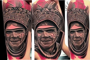 This  tattoo is of a construction worker in traditional Aztec clothing. He is shirtless, and his pants are decorated with feathers and fringe. He is wearing a construction helmet and is holding a construction tool. The tattoo is done in a traditional Aztec style, with bold lines and bright colors. tattoo idea