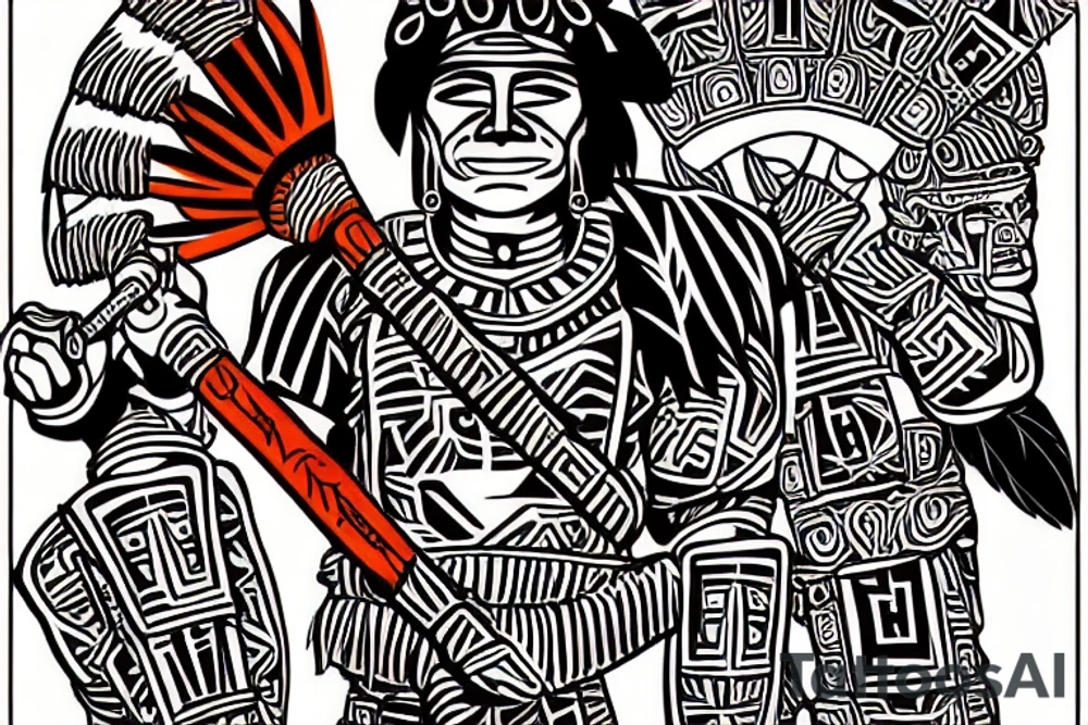 This  tattoo is of a construction worker in traditional Aztec clothing. He is shirtless, and his pants are decorated with feathers and fringe. He is wearing a construction helmet and is holding a construction tool. The tattoo is done in a traditional Aztec style, with bold lines and bright colors. tattoo idea