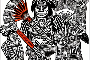 This  tattoo is of a construction worker in traditional Aztec clothing. He is shirtless, and his pants are decorated with feathers and fringe. He is wearing a construction helmet and is holding a construction tool. The tattoo is done in a traditional Aztec style, with bold lines and bright colors. tattoo idea