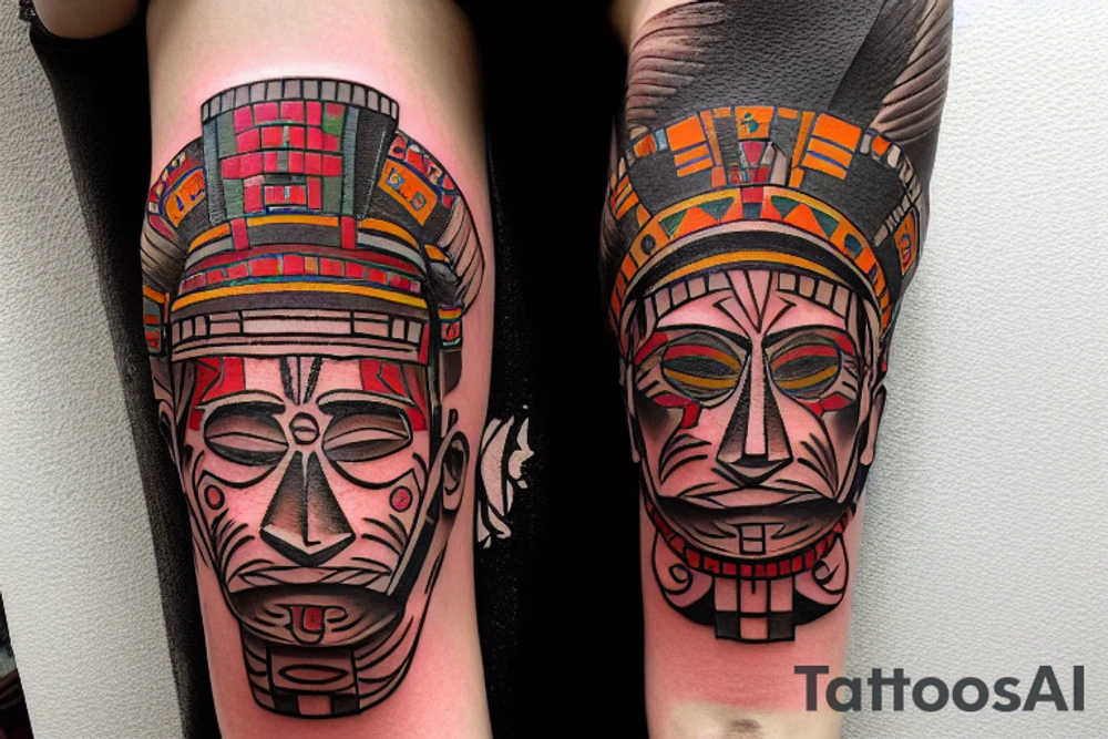 This  tattoo is of a construction worker in traditional Aztec clothing. He is shirtless, and his pants are decorated with feathers and fringe. He is wearing a construction helmet and is holding a construction tool. The tattoo is done in a traditional Aztec style, with bold lines and bright colors. tattoo idea