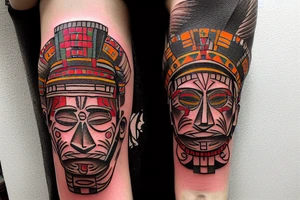 This  tattoo is of a construction worker in traditional Aztec clothing. He is shirtless, and his pants are decorated with feathers and fringe. He is wearing a construction helmet and is holding a construction tool. The tattoo is done in a traditional Aztec style, with bold lines and bright colors. tattoo idea
