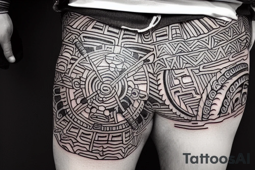 This  tattoo is of a construction worker in traditional Aztec clothing. He is shirtless, and his pants are decorated with feathers and fringe. He is wearing a construction helmet and is holding a construction tool. The tattoo is done in a traditional Aztec style, with bold lines and bright colors. tattoo idea
