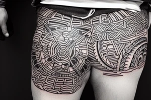 This  tattoo is of a construction worker in traditional Aztec clothing. He is shirtless, and his pants are decorated with feathers and fringe. He is wearing a construction helmet and is holding a construction tool. The tattoo is done in a traditional Aztec style, with bold lines and bright colors. tattoo idea