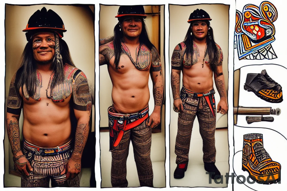 This  tattoo is of a construction worker in traditional Aztec clothing. He is shirtless, and his pants are decorated with feathers and fringe. He is wearing a construction helmet and is holding a construction tool. The tattoo is done in a traditional Aztec style, with bold lines and bright colors. tattoo idea